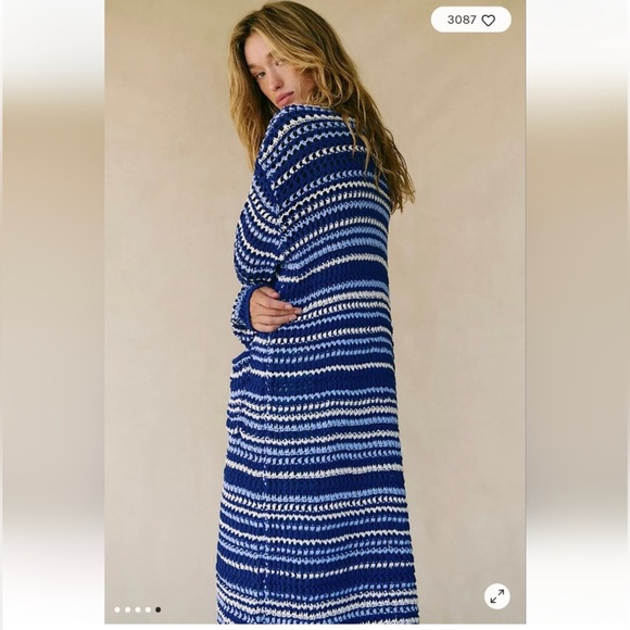 NWT Free People 💙 🤍 Colette Small Sweater Cardigan Navy Blue White $98 Pockets - Picture 3 of 7